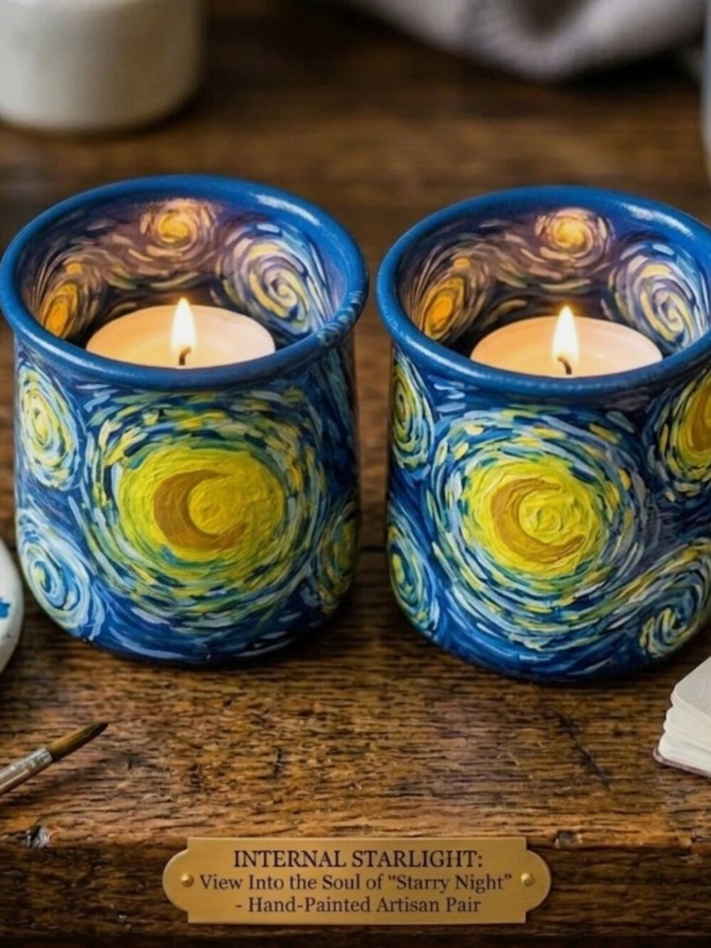 Hand-Painted "Starry Night" Tealight Holders - Set of 2 | Van Gogh Inspired Jars - Picture 3 of 16